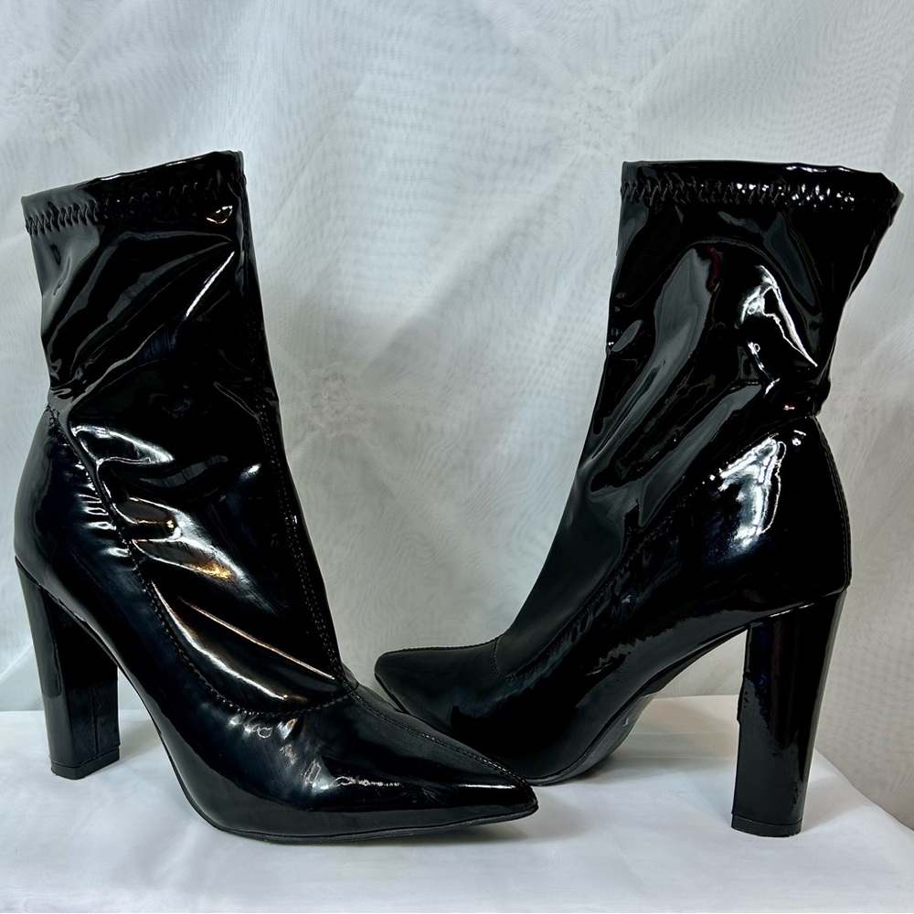 Womens Sexy Mid Calf Black Patent Chunky Heel Boots Size 9.5